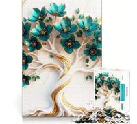 Puzzle pour Adolescents 1000 pièces Arbre Floral Turquoise sur marbre Découpe serrée Jeu de réflexion Amusant et créatif Détente Cadeau Artistique de Noël (50x75cm)