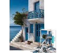 Puzzle pour Adolescents 1000 pièces Architecture des îles grecques ︰ Blanc et Bleu Jeu éducatif Stimulant d'analyse et de logique pour Les 14 Ans et Plus 38x26cm