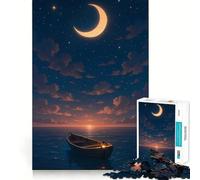 Puzzle pour Adolescents 1000 pièces Bateau Flottant sous Un Croissant de Lune Illustration aux Bords précis,Jeu de Concentration Amusant,Moment de détente et de Divertissement,Cadeau de Noël apaisant