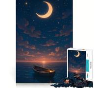 Puzzle pour Adolescents 1000 pièces Bateau Flottant sous Un Croissant de Lune Illustration aux Bords précis,Jeu de Concentration Cadeau,Jeu pour Passer Un Moment agréable,Illustration de Noël 38x26cm