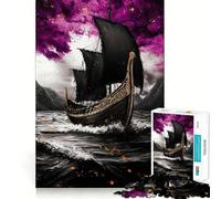 Puzzle pour Adolescents 1000 pièces Bateau Viking Noir sur mer déchaînée Illustration aux Bords Nets Jeu de Concentration Amusant,Moment de détente,Cadeau de Noël apaisant (38x26cm)