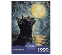 Puzzle pour Adolescents 1000 Pièces Black Cat Gazing at Moon Puzzles pour Adolescents Jeux Relaxants Cadeaux pour Femmes pour Anniversaire, Noël 52x38cm/1000pcs