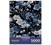 Puzzle pour Adolescents 1000 Pièces Blue and White Floral Pattern on Black Puzzles pour Adultes Jeux Relaxants Décoration Murale Idéal comme Cadeau pour Toute La Famille 70x50cm/1000pcs