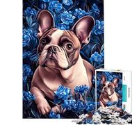 Puzzle pour Adolescents 1000 pièces Bouledogue français dans des Fleurs Bleues Puzzle Adulte Jeu Manuel Idéal pour Passer Le Temps Pendant Les Vacances Offre spéciale pour Toute la Famille (38x52cm)