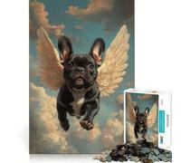 Puzzle pour Adolescents 1000 pièces Bouledogue français Noir avec Ailes d'ange | Hommage au deuil Animalier,Art aux Bords précis,Jeu de Concentration,Cadeau,Jeu pour Moments de détente