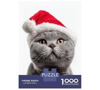 Puzzle pour Adolescents 1000 Pièces British Shorthair Cat with Santa Hat Portrait Puzzles pour Adultes Jeu Familial Anti-Stress Interaction Parent-Enfant 52x38cm/1000pcs