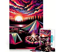 Puzzle pour Adolescents 1000 pièces Camping Coucher de Soleil WPAP Popart Décoration découpée soignée Jouet créatif et Amusant Jeu de Paix Pièce d'art de Noël (38x26cm)