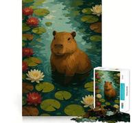 Puzzle pour Adolescents 1000 pièces Capybara dans Un étang de nénuphars Bords impeccables Jeu de réflexion Amusant Cadeau Moments de détente Décoration Murale de Noël (50x75cm)