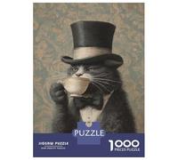 Puzzle pour Adolescents 1000 Pièces Cat in Top Hat with Tea Puzzles pour Adultes Jeux De Famille Décoration Parfaite Idéal comme Cadeau 52x38cm/1000pcs