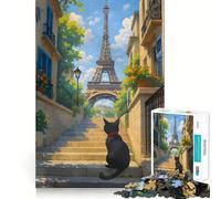 Puzzle pour Adolescents 1000 pièces Chat à Paris avec Tour Eiffel Bords impeccables Jeu de réflexion Amusant Cadeau Moments de détente Décoration Murale de Noël (38x52cm)