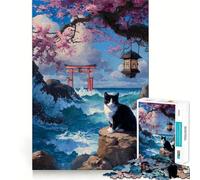 Puzzle pour Adolescents 1000 pièces Chat au Bord de la mer avec Porte Torii Décoration découpée soignée Jouet créatif et Amusant Jeu de Paix Pièce d'art de Noël (50x75cm)