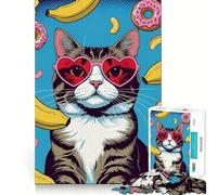 Puzzle pour Adolescents 1000 pièces Chat avec Lunettes en Forme de cœur et Donuts Jeu d'articulation serrée Jeu cognitif Jouet Amusant et Facile à Utiliser Décoration de Noël Cadeau (38x26cm)