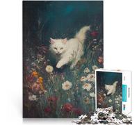 Puzzle pour Adolescents 1000 pièces Chat Blanc dans Un Champ de Fleurs défi éducatif avec Affiche et Feuille de Questions correspondantes 52x38cm