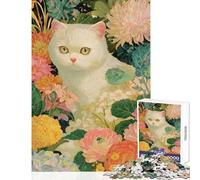 Puzzle pour Adolescents 1000 pièces Chat Blanc dans Un Jardin Fleuri Peinture Jeu Manuel Difficile Anti-Stress Améliore l'amour Entre Les Couples (38X52CM)