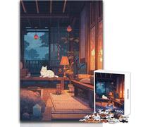 Puzzle pour Adolescents 1000 pièces Chat Blanc Style Anime Japonais Profitez de Moments de détente et de Calme Découpe Nette et résistante Jeu de Loisirs créatifs Dimensions:38x26cm