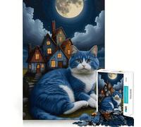 Puzzle pour Adolescents 1000 pièces Chat Bleu et Maisons fantaisistes,Bords Nets,Jeu de Concentration Amusant,Moment de détente,Cadeau de Noël apaisant (50x75cm)