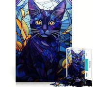 Puzzle pour Adolescents 1000 pièces Chat Bleu Vitrail Assemblage sans Couture Art,Jeu de développement Personnel,Temps de détente,Décoration de Noël (38x26cm)