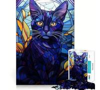 Puzzle pour Adolescents 1000 pièces Chat Bleu Vitrail Assemblage sans Couture,Jeu créatif,Temps de détente,Décoration de Noël (50x75cm)