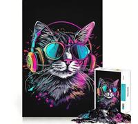 Puzzle pour Adolescents 1000 pièces Chat Casque DJ Musique Découpe serrée Amusant Résolution de problèmes Détente Loisirs Décoration de Noël (50x75cm)