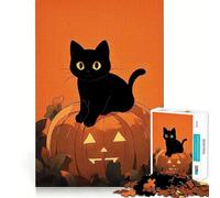 Puzzle pour Adolescents 1000 pièces Chat Citrouille Halloween Découpe serrée Casse-tête logique Amusant Détente et Divertissement Cadeau Artistique de Noël (50x75cm)