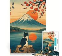 Puzzle pour Adolescents 1000 pièces Chat contemplant Le Mont Fuji Ukiyo-e Bords impeccables Jeu de réflexion Amusant et Calme Activité Artistique pour Anniversaire (38x26cm)