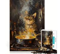 Puzzle pour Adolescents 1000 pièces Chat dans la Cuisine Peinture Découpe serrée Amusant Résolution de problèmes Détente Décoration de Noël (38x26cm)