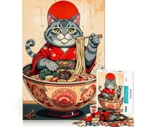Puzzle pour Adolescents 1000 pièces Chat dans Un Bol de Ramen avec Baguettes Bords impeccables Jeu de réflexion Amusant Cadeau Ambiance chaleureuse Décoration Murale de Noël (50x75cm)