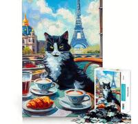 Puzzle pour Adolescents 1000 pièces Chat dans Un café Parisien Décoration découpée soignée Jouet créatif et Amusant Jeu de Paix Pièce Artistique de Noël (50x75cm)