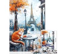 Puzzle pour Adolescents 1000 pièces Chat dans Un café Parisien Jeu Pratique décoration Parfaite Jouet Anti-Stress Cadeau de Noël ou d'anniversaire (38x26cm)