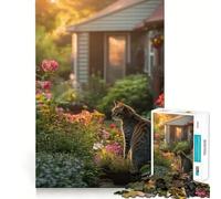 Puzzle pour Adolescents 1000 pièces Chat dans Un Jardin au Coucher du Soleil Découpe serrée Amusant à résoudre des problèmes Détente et Loisirs Décoration de Noël (50x75cm)