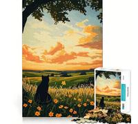 Puzzle pour Adolescents 1000 pièces Chat dans Une Prairie au Coucher du Soleil Découpe serrée Jeu de réflexion créatif et Amusant Détente Cadeau Artistique de Noël (38x52cm)