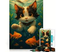 Puzzle pour Adolescents 1000 pièces Chat de Dessin animé nageant avec des Poissons Rouges Bords impeccables Jeu Amusant et Stimulant Mental Jeu Calme et Amusant Cadeau d'anniversaire (38x26cm)