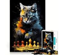 Puzzle pour Adolescents 1000 pièces Chat Échecs Peinture Décoration Découpée Soigneuse Jouet Créatif et Amusant Jeu de Paix Pièce d'art de Noël (38x52cm)