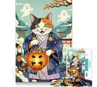 Puzzle pour Adolescents 1000 pièces Chat Kimono Citrouille d'halloween Décoration découpée soignée Jouet créatif et Amusant Jeu de Paix Pièce Artistique de Noël (50x75cm)