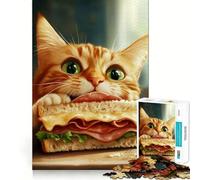 Puzzle pour Adolescents 1000 pièces Chat Mangeant Un Sandwich Décoration découpée avec précision Jouet créatif et Amusant Jeu de Paix Pièce Artistique de Noël (38x52cm)