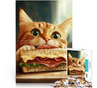 Puzzle pour Adolescents 1000 pièces Chat Mangeant Un Sandwich Jeu Familial Anti-Stress Défi Difficile décoration Murale 52x38cm