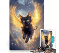 Puzzle pour Adolescents 1000 pièces Chat Noir aux Ailes dorées,Bords décoratifs de qualité supérieure,Jeu de Concentration,Divertissement pour Les Moments de détente,Cadeau Artistique de Noël 38x26cm