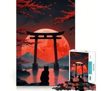 Puzzle pour Adolescents 1000 pièces Chat Noir avec Porte Torii,Bords décoratifs de qualité supérieure,Jeu de Concentration,Divertissement pour Les Moments de détente,Cadeau Artistique de Noël 38x52cm