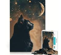 Puzzle pour Adolescents 1000 pièces Chat Noir contemplant la Lune Décoration découpée avec précision Jouet créatif et Amusant Jeu de Paix Pièce Artistique de Noël (38x26cm)