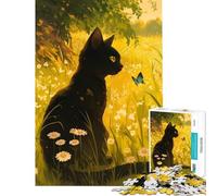 Puzzle pour Adolescents 1000 pièces Chat Noir dans Un Champ de Fleurs Jeu Manuel éducatif et Stimulant pour développer l'analyse et la logique (Dimensions 38x26cm)
