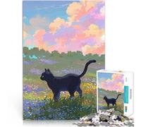 Puzzle pour Adolescents 1000 pièces Chat Noir dans Un Champ de Fleurs Jeux éducatifs Liste de souhaits avec Le Père Noël 38x52cm