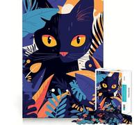Puzzle pour Adolescents 1000 pièces Chat Noir dans Un Feuillage Tropical Illustration Minimaliste Bords Nets,Jeu de Concentration Amusant,Moment de détente,Cadeau de Noël apaisant (38x26cm)