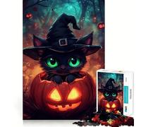 Puzzle pour Adolescents 1000 pièces Chat Noir dans Une Citrouille,Assemblage sans Couture,Jeu créatif,détente,Cadeau de Noël (38x26cm)