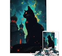 Puzzle pour Adolescents 1000 pièces Chat Noir et église d'europe de l'est Jeu de réflexion Stimulant pour décorer Un Mur (Dimensions 38x52cm)