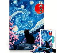 Puzzle pour adolescents 1000 pièces Chat noir Nuit étoilée Fleurs de cerisier Bordure de qualité supérieure,Jeu de concentration,Divertissement pendant les moments de détente,Cadeau artistique de Noël