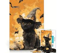 Puzzle pour Adolescents 1000 pièces Chat Noir Sorcière Peinture Halloween Bords Nets,Jeu de Concentration Amusant,Moment de détente,Cadeau apaisant pour Noël (50x75cm)