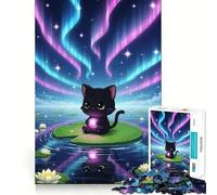 Puzzle pour Adolescents 1000 pièces Chat Noir sur nénuphar,Assemblage sans Couture,Jeu créatif,détente,Cadeau de Noël (38x26cm)