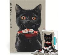 Puzzle pour Adolescents 1000 pièces Chat Noir Tenant Une Assiette de sushis, Jouet Anti-Stress, décompression intellectuelle, Cadeau d'anniversaire Unique 38x26cm