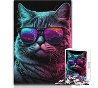 Puzzle pour Adolescents 1000 pièces Chat Nuits Néon Décoration Parfaite Jeu Pratique Cadeau Père Noël Secret (Taille 50x75cm)