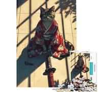 Puzzle pour Adolescents 1000 pièces Chat samouraï en Kimono avec Katana Idéal pour Un Anniversaire ou Noël Stimule la mémoire Décoration Murale Convient aux Personnes de 14 Ans et Plus 50x75cm